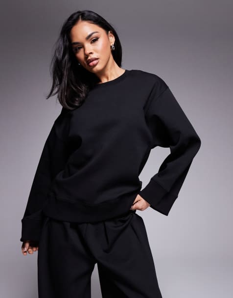 ASOS DESIGN interlock oversized crew neck top in black co-ord