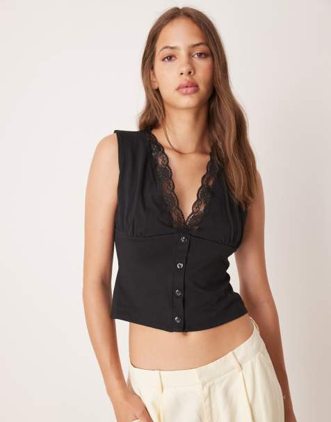ASOS DESIGN milkmaid plunge button detail top with lace trim in black