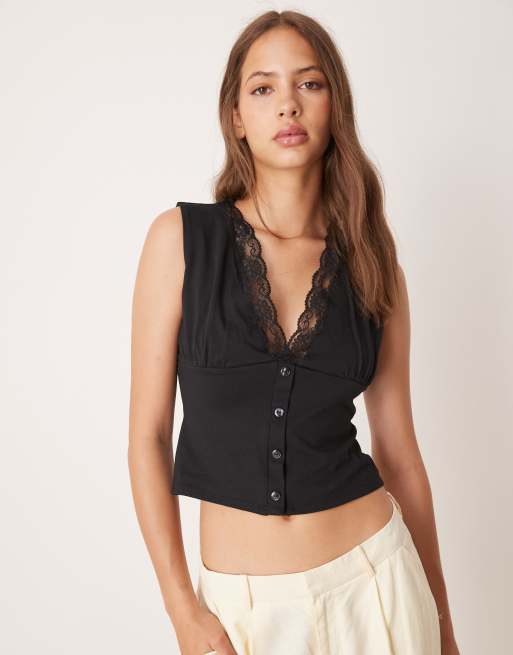 ASOS DESIGN – Czarny top w stylu milkmaid z głębokim dekoltem, guzikami i koronkowym wykończeniem