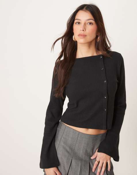 ASOS DESIGN asymmetric soft touch button up top in black