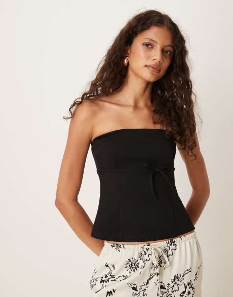 ASOS DESIGN jersey twill tie waist bandeau top in black