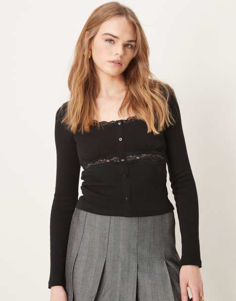 ASOS DESIGN – Czarny top z dekoltem henley i koronkowymi wstawkami - view 1