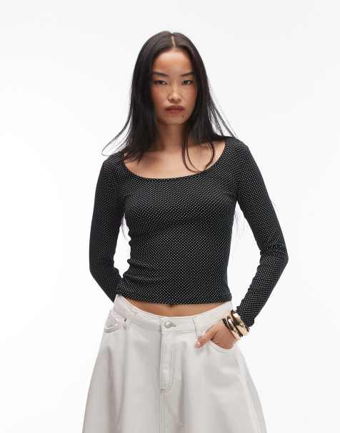 ASOS DESIGN – Czarny top z dekoltem w kształcie U i wzorem w groszki - view 1