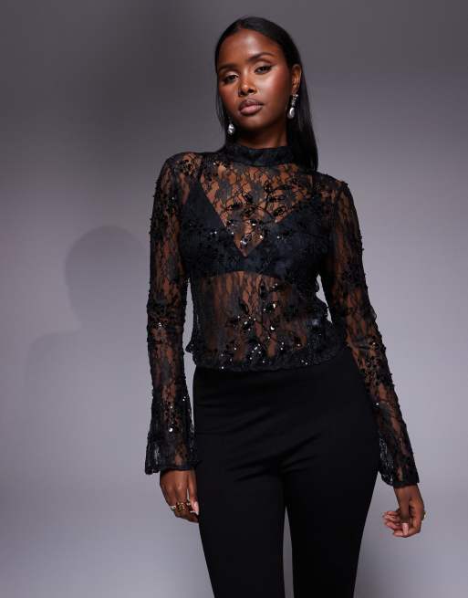 ASOS DESIGN – Czarny top z delikatnej koronki zdobionej cekinami z rozkloszowanymi rękawami i wycięciem na plecach