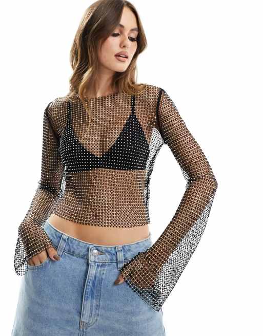 ASOS DESIGN – Czarny top z długim rękawem z kabaretkowej siateczki zdobionej strasami
