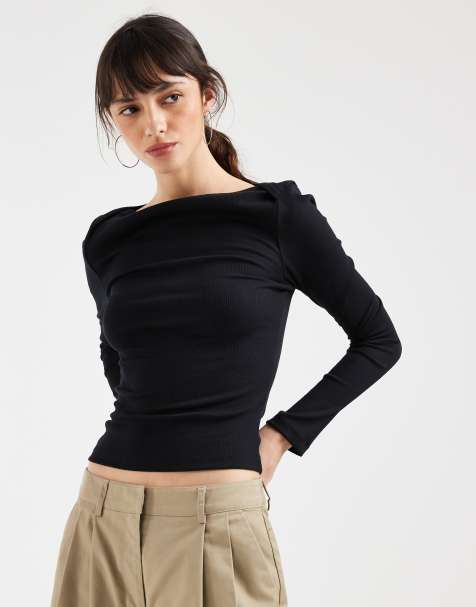 ASOS DESIGN – Czarny top z długimi rękawami, dekoltem w łódkę i lamówkami - view 1