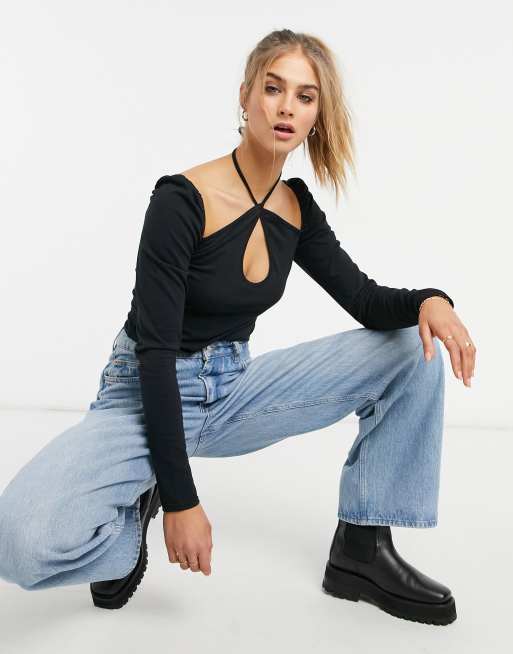 ASOS DESIGN – Czarny top z długimi rękawami i dekoltem typu halter, 4 z 4