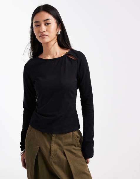 ASOS DESIGN – Czarny top z długimi rękawami i guzikami - view 1