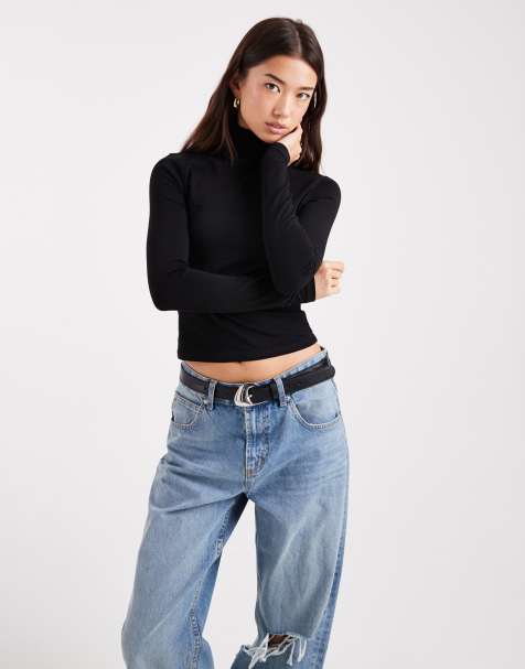 ASOS DESIGN jersey long sleeve roll neck top in black