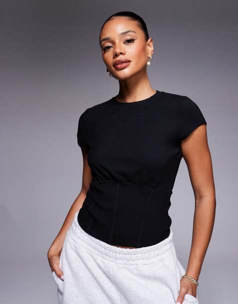 ASOS DESIGN – Czarny top z krótkimi rękawami i gorsetową talią w drobne prążki - view 1