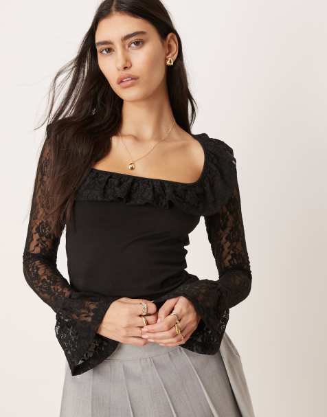 ASOS DESIGN lace frill square neck top in black