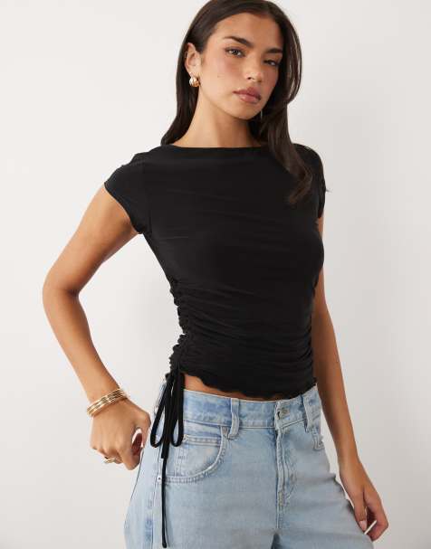 ASOS DESIGN lettuce edge cap sleeve with ruching channel in black
