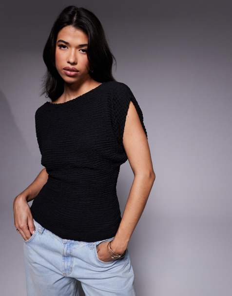 ASOS DESIGN bubble texture batwing top in black