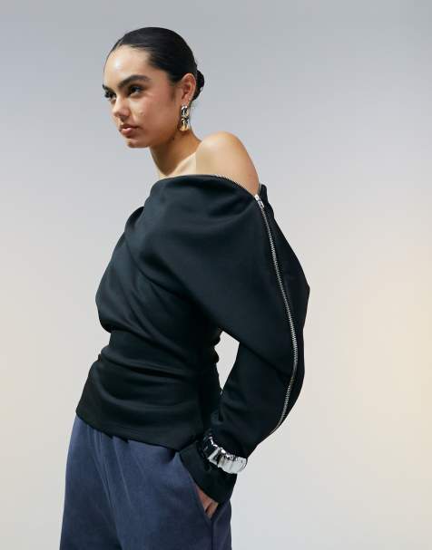 ASOS DESIGN – Czarny top z odsłoniętym ramieniem i zapięciem na suwak - view 1