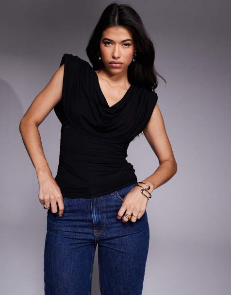 ASOS DESIGN draped shoulder pad top in black