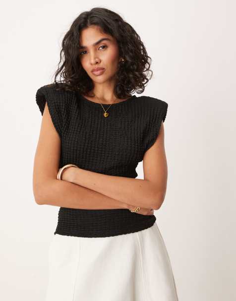ASOS DESIGN shoulder pad bubble texture top in black