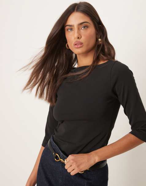 ASOS DESIGN – Czarny top z rękawem trzy czwarte i dekoltem w łódkę - view 1