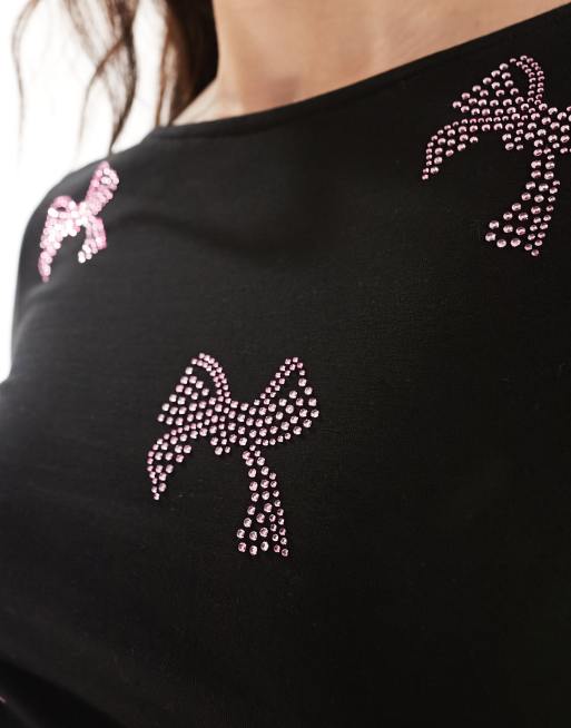 ASOS DESIGN – Czarny top z różowymi kokardkami z dżetów, 2 z 4