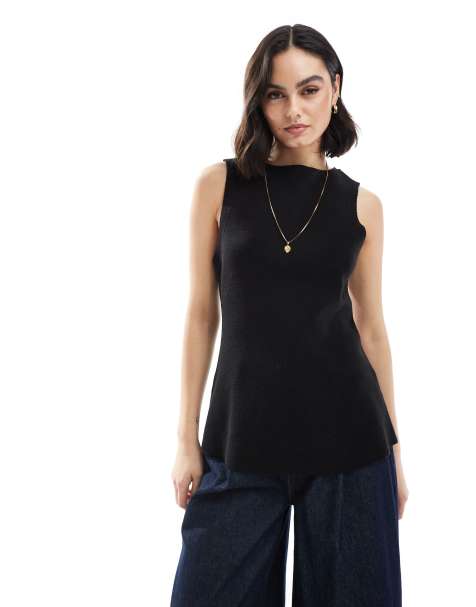 ASOS DESIGN knitted structured peplum top in black