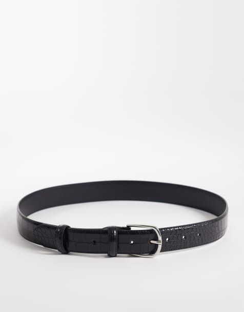 ASOS DESIGN – Czarny wąski pasek z imitacji skóry krokodyla z okrągłą srebrną klamrą - view 1