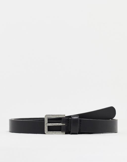 ASOS DESIGN – Czarny wąski pasek ze skóry ze sprzączką w kolorze srebra