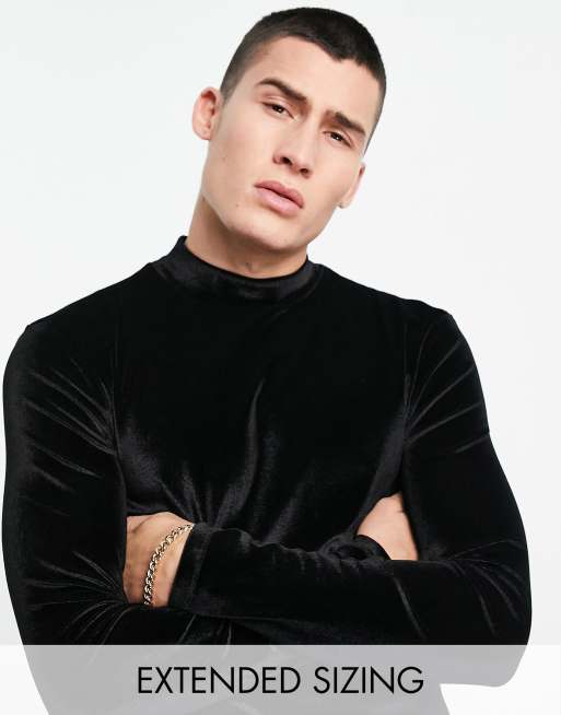 ASOS DESIGN – Czarny welurowy T-shirt o kroju podkreślającym sylwetkę z długimi rękawami i golfem