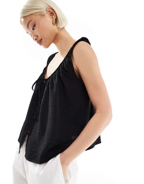 ASOS DESIGN scoop neck vest with tie front in black