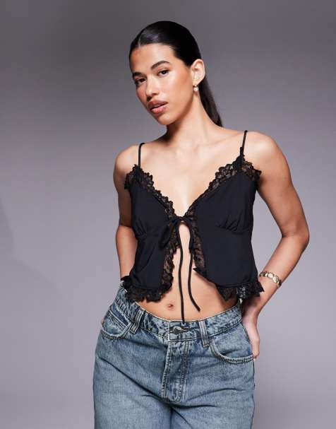 ASOS DESIGN slinky lace trim tie front top in black