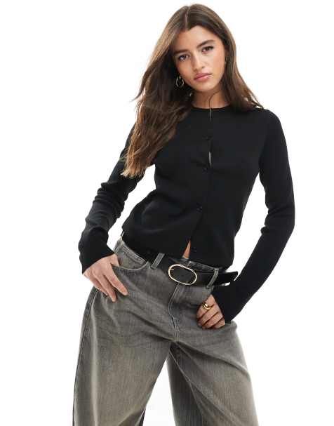 ASOS DESIGN knitted clean compact button through crew neck cardigan in black