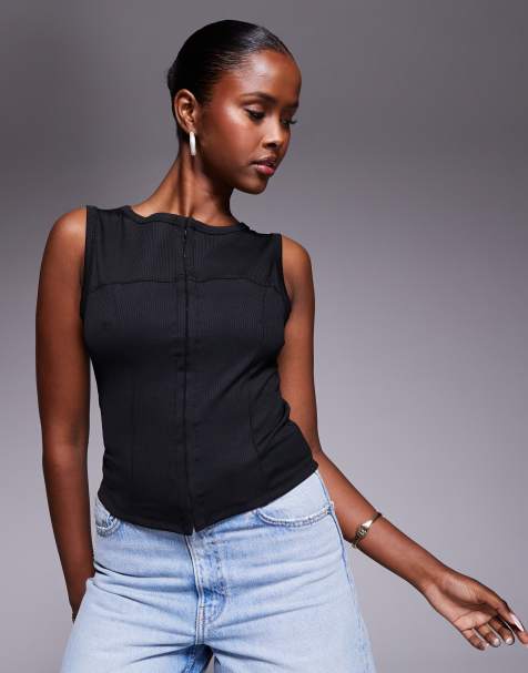 ASOS DESIGN sleeveless button down top in black