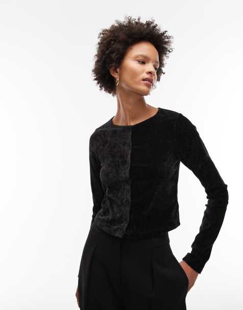 ASOS DESIGN – Czarny zapinany na guziki top welurowy z długimi rękawami - view 1