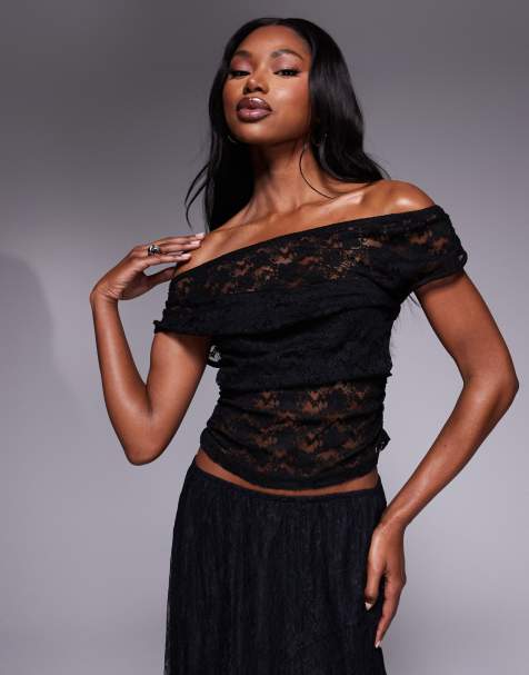 ASOS DESIGN lace gathered side off shoulder top in black