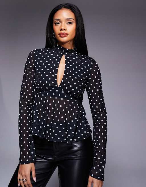 ASOS DESIGN – Czarny zwiewny top z siateczki w groszki z rozkloszowanymi rękawami i wiązaniem z tyłu