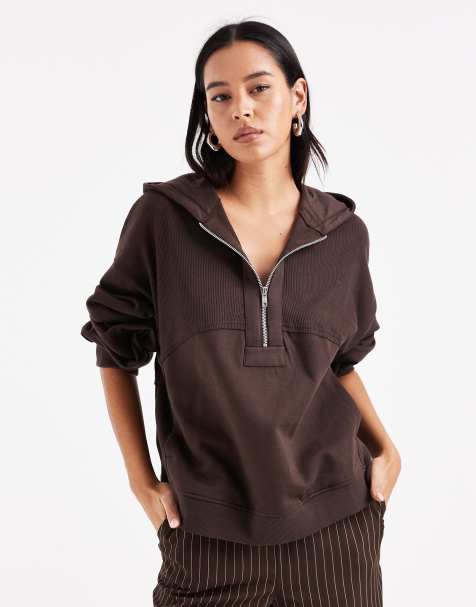 ASOS DESIGN – Czekoladowa bluza z kapturem ze wstawką o waflowej fakturze z przeszyciami - view 1