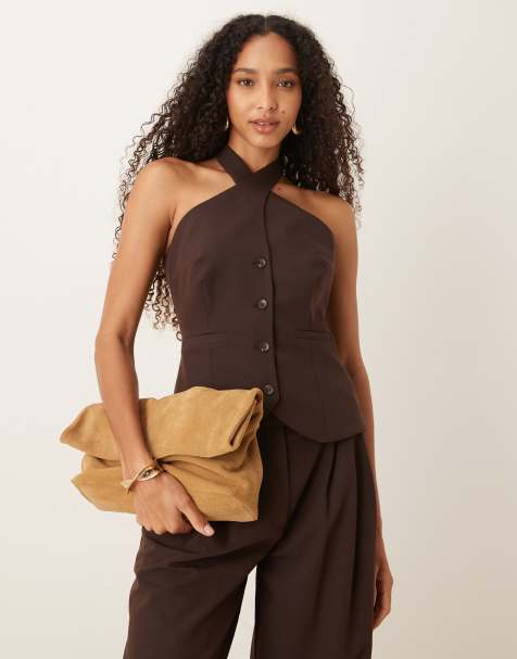ASOS DESIGN tailored crossover halter neck waistcoat co-ord in chocolate