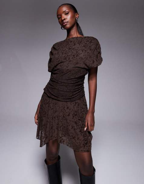 ASOS DESIGN devore short sleeve drapey mini dress in chocolate