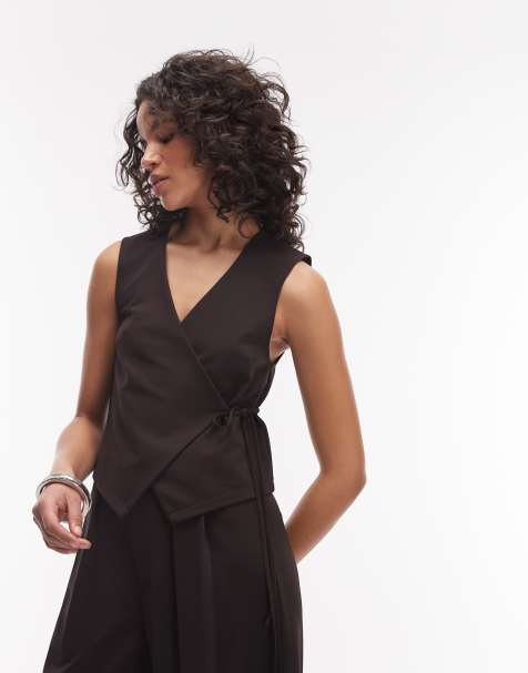 ASOS DESIGN – Czekoladowa elegancka przylegająca kamizelka z diagonalu z wiązaniem z boku, część zestawu - view 1