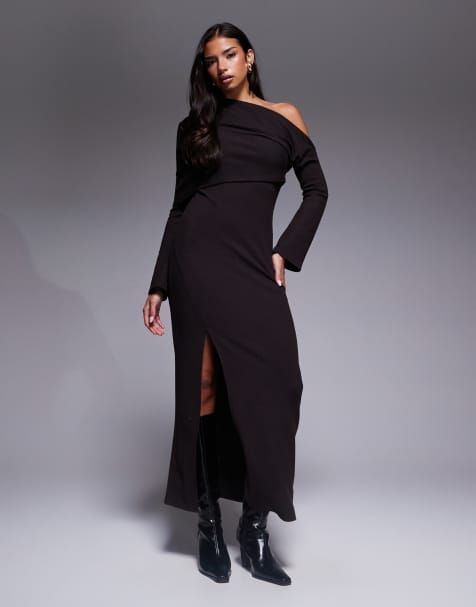 ASOS DESIGN – Czekoladowa gruba sukienka midi z odsłoniętym ramieniem i odwiniętym brzegiem - view 1