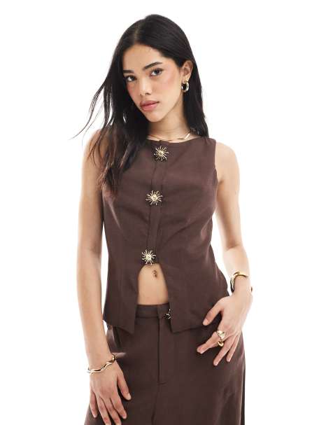 ASOS DESIGN linen blend trim detail waistcoat in chocolate