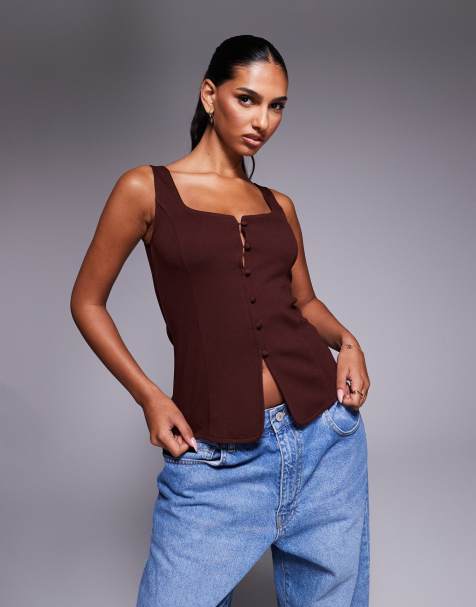 ASOS DESIGN – Czekoladowa kamizelka z dżersejowego diagonalu dekoltem w kształcie litery U - view 1