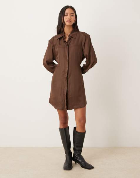 ASOS DESIGN shoulder pad shirt mini dress with tie back in chocolate