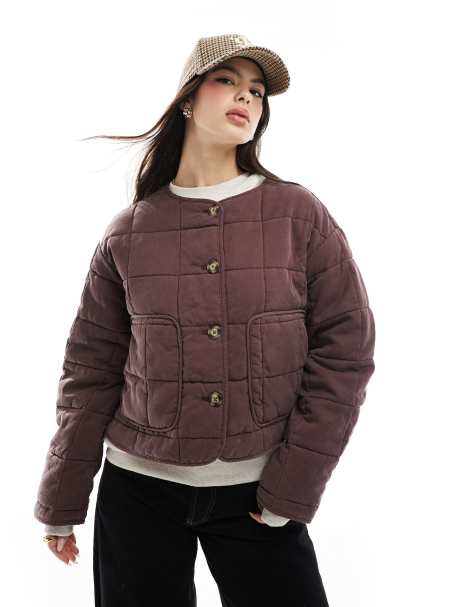 ASOS DESIGN crop collarless quilted jacket in chocolate