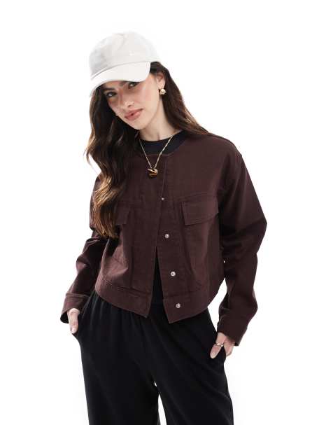 ASOS DESIGN twill collarless jacket in chocolate