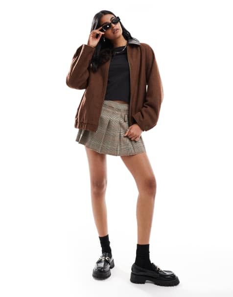 ASOS DESIGN wool blend heritage leather look collar bomber in chocolate