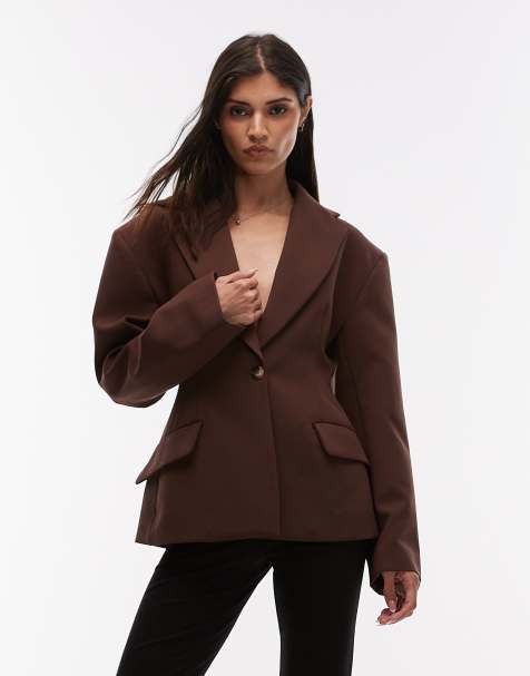 ASOS DESIGN sculpted cinch waist blazer in chocolate
