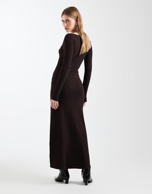 ASOS DESIGN – Czekoladowa prążkowana sukienka maxi z kwadratowym dekoltem, 4 z 4