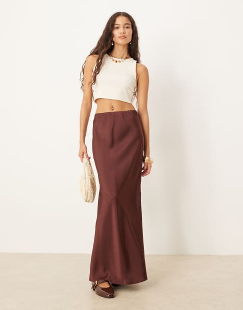 ASOS DESIGN satin bias maxi skirt in chocolate