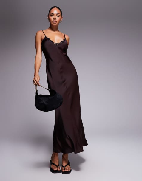 ASOS DESIGN v neck lace trim satin slip maxi dress in chocolate