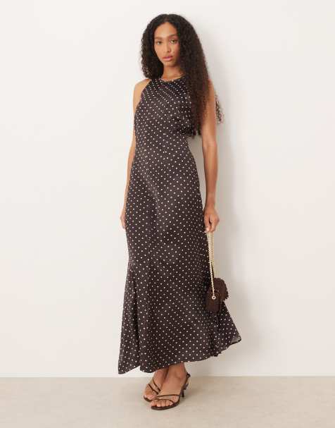 ASOS DESIGN racer satin maxi dress in chocolate spot