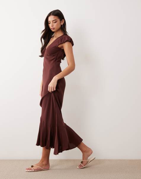 ASOS DESIGN – Czekoladowa sukienka maxi z bufkami i dekoltem V - view 1